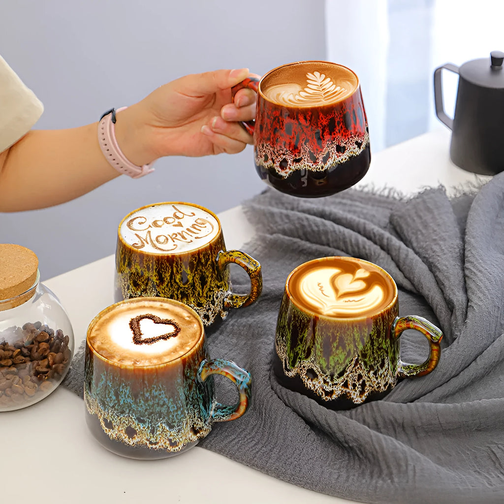 Large ceramic coffee mug in a mild luxury retro style, showing 8.5cm height and 8cm diameter.