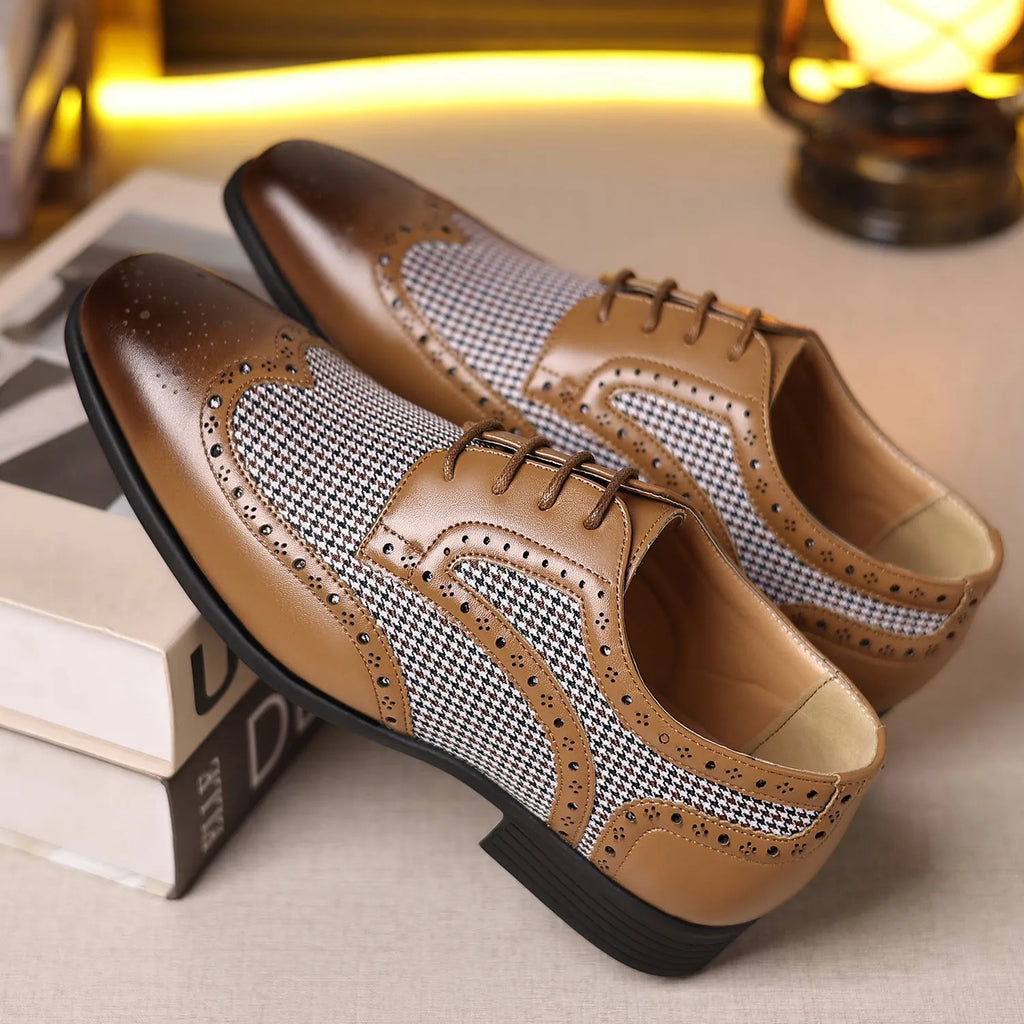 Men's casual plaid shoes in houndstooth pattern with square toe and lace-up front, shown in multiple colours.