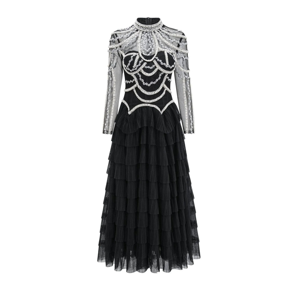 Women's black polyester beaded dress with long sleeves and three-dimensional decoration