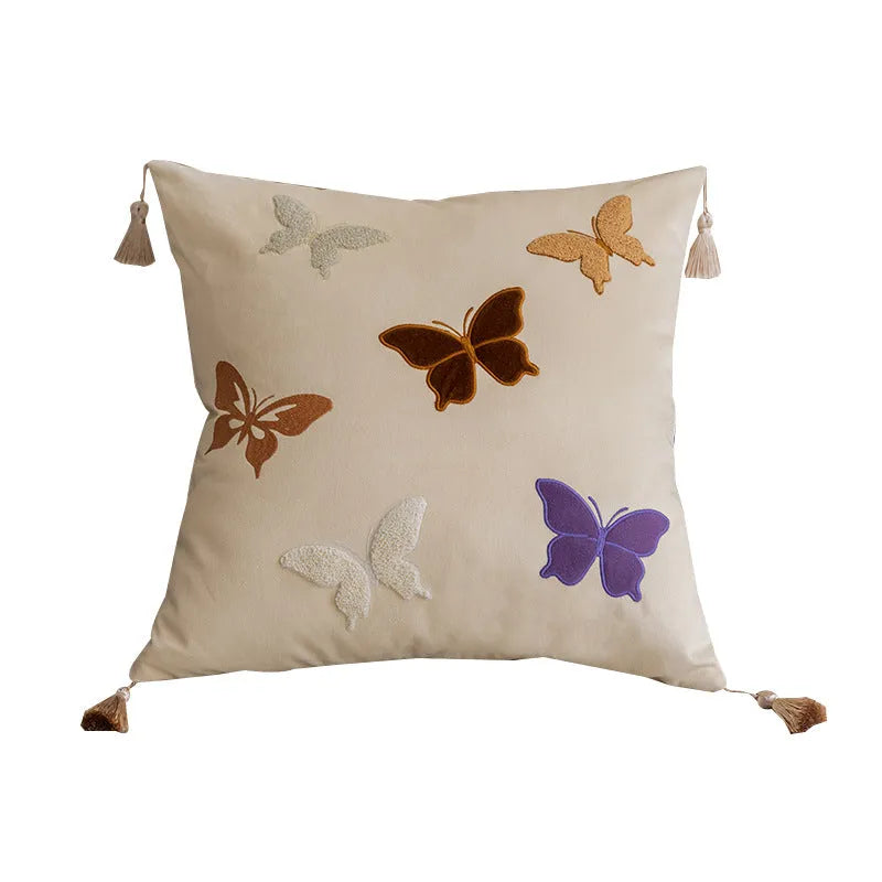 Square beige cushion with black Chinese-style butterfly embroidery, 45x45cm