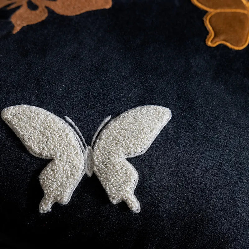 Square beige cushion with black Chinese-style butterfly embroidery, 45x45cm