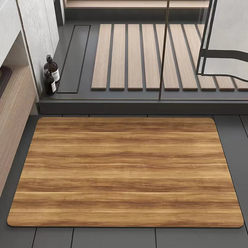 Square American wood grain diatom mud bathroom floor mat with geometric pattern on tile.