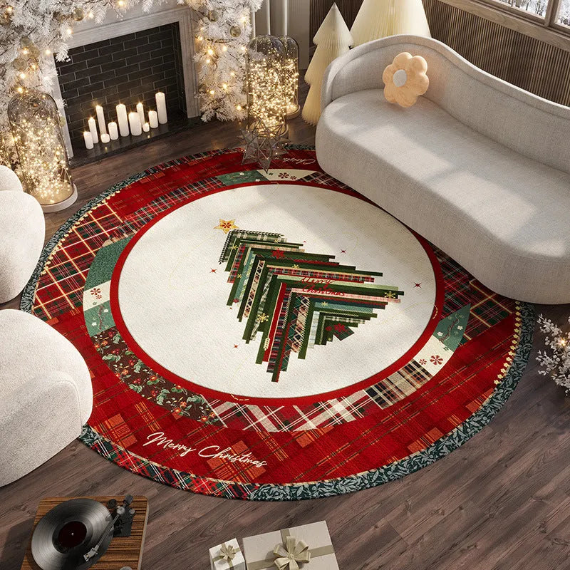Red round Christmas floor mat with festive patterns on living room floor
