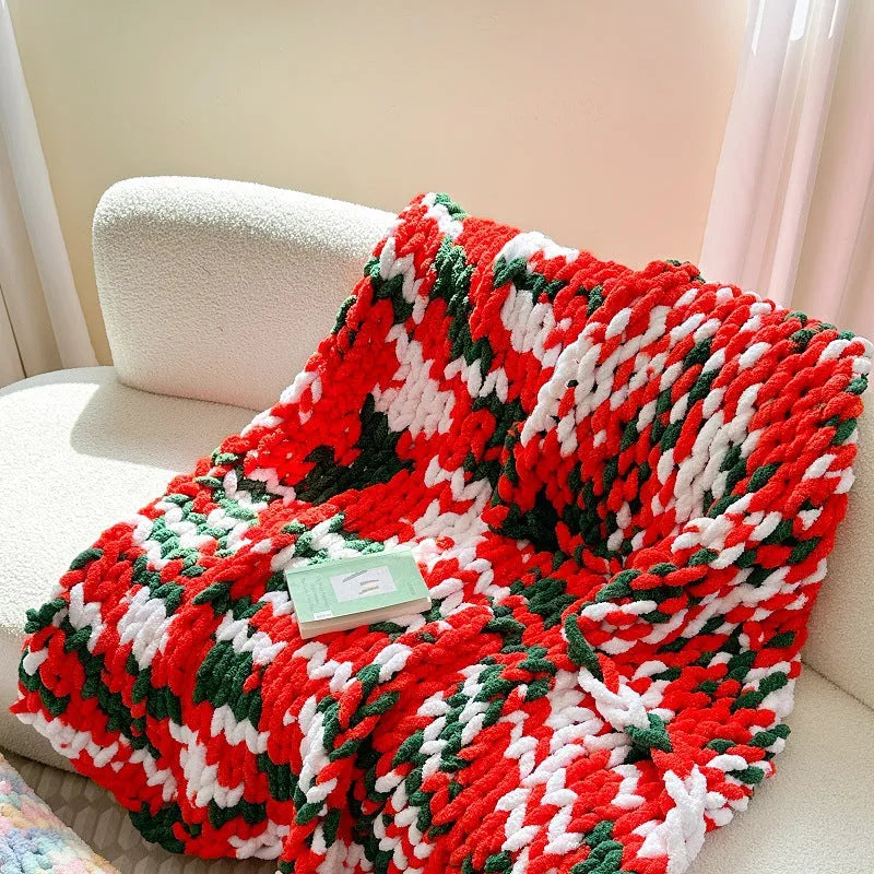 Hand-made chenille cover blanket with striped pattern from thick ice bar section dyeing, 130x170cm