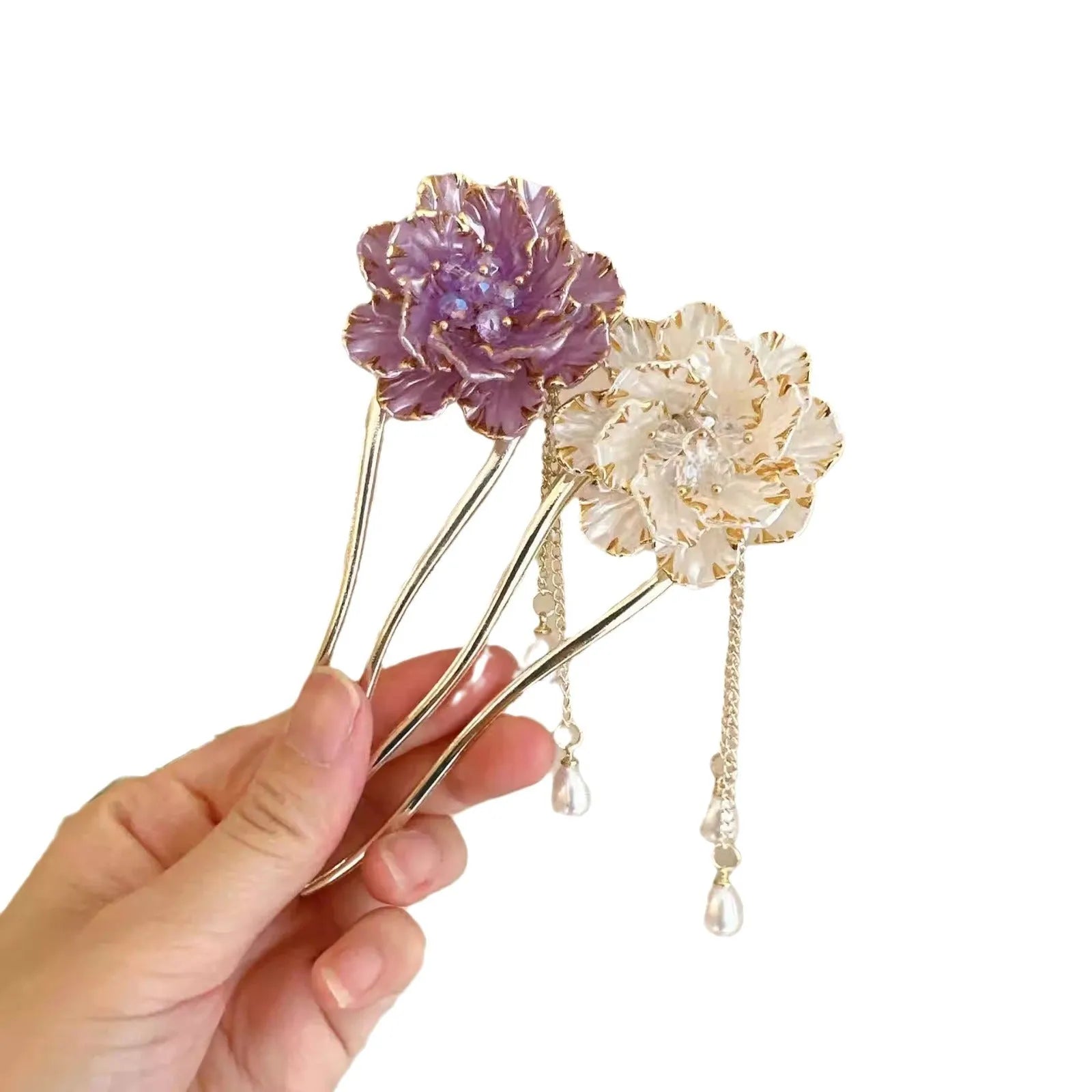 Retro peony flower U-shaped hairpin in purple or white with tassel decoration