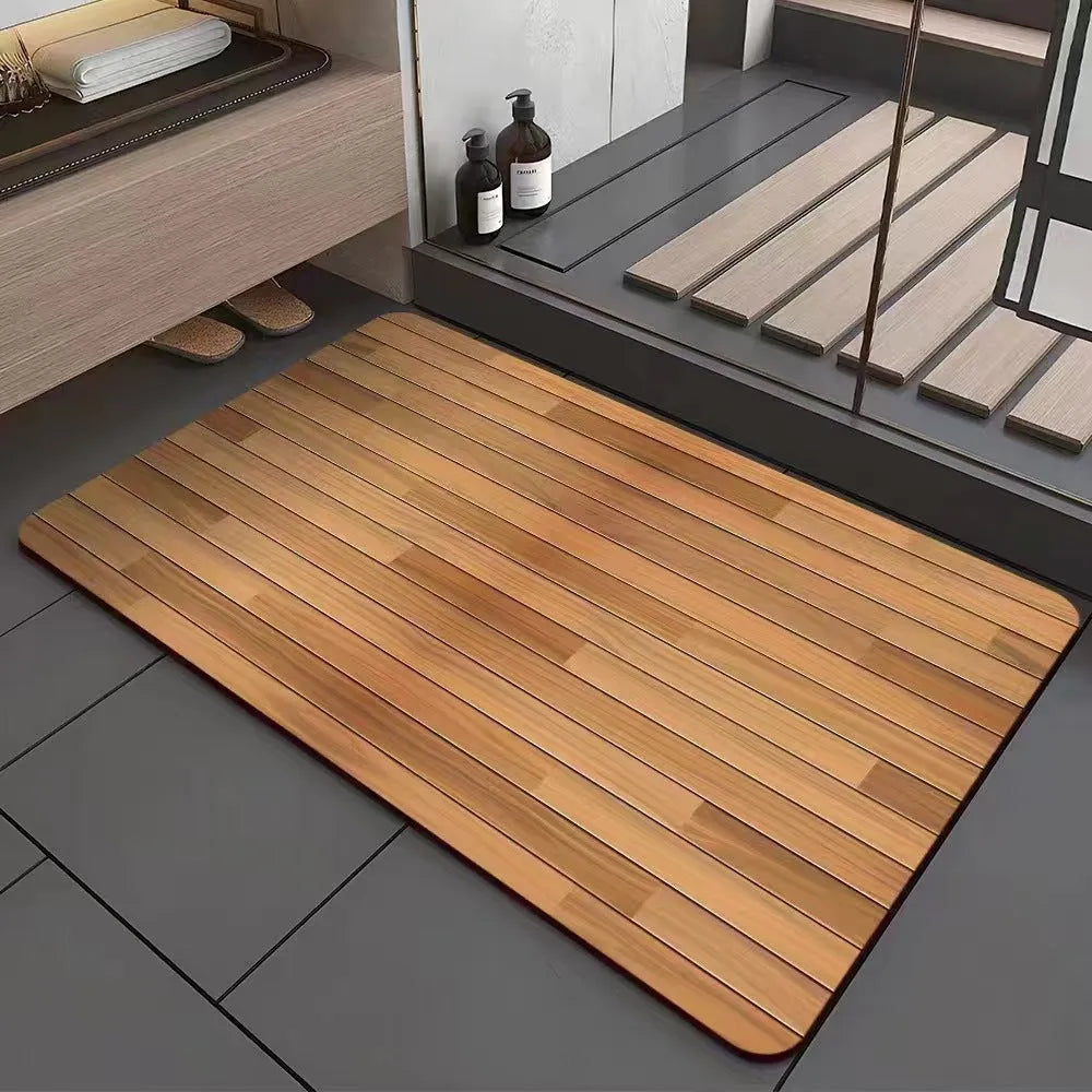 Square American wood grain diatom mud bathroom floor mat with geometric pattern on tile.