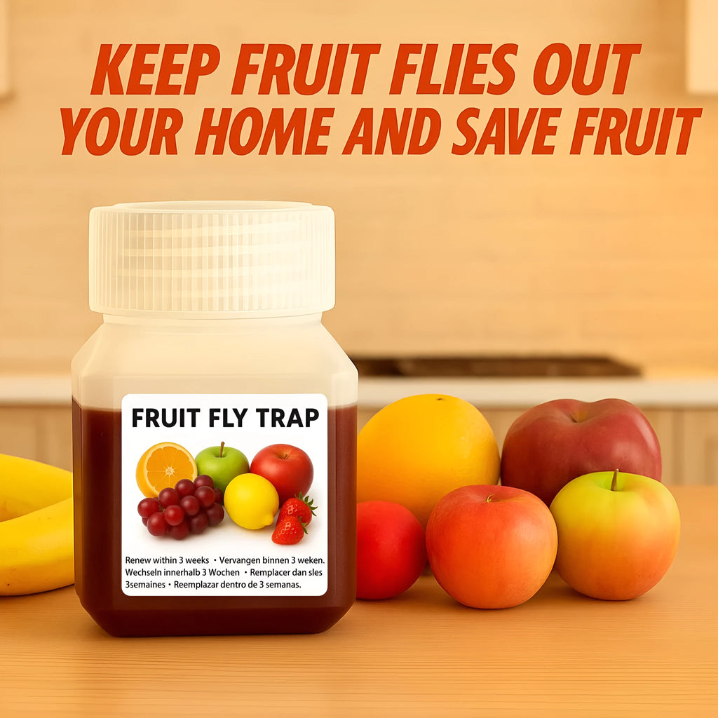 Bottle of SK003 fruit fly trap bait liquid with optional funnel for indoor pest control.