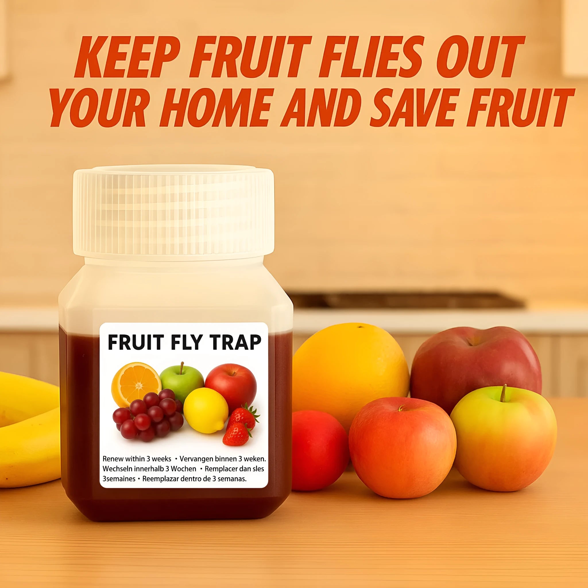 Bottle of SK003 fruit fly trap bait liquid with optional funnel for indoor pest control.