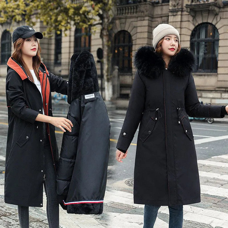 Women's long elegant trench coat in bean green with fleece lining and extended length