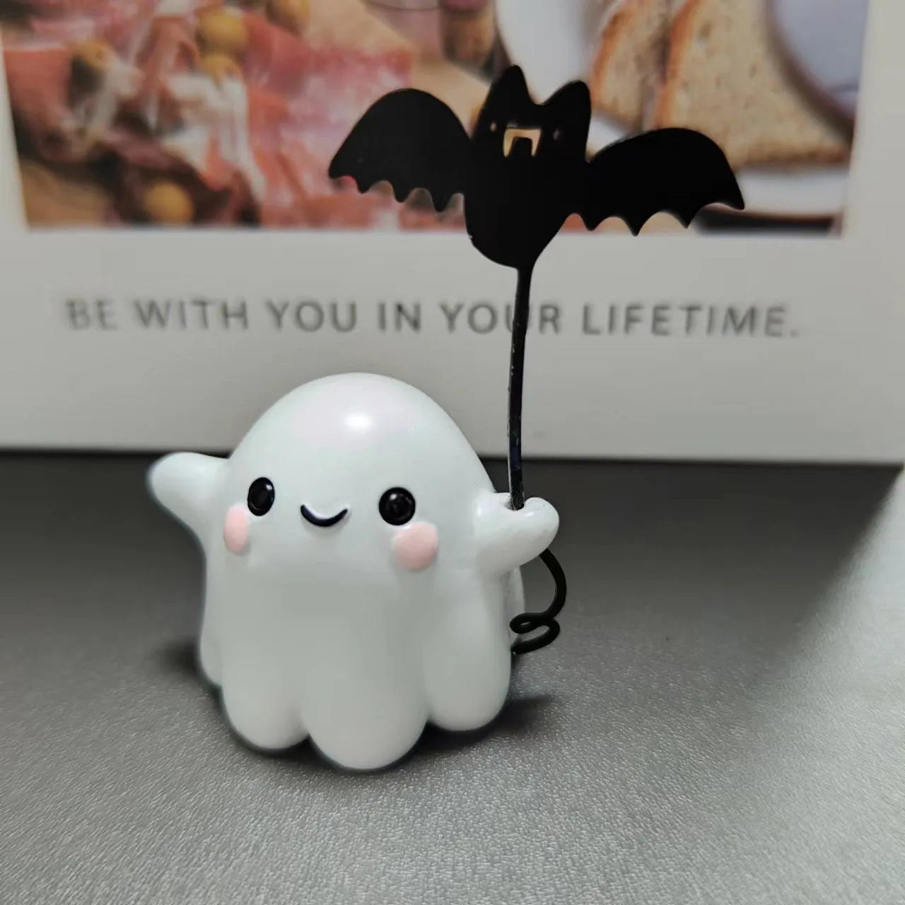 Miniature resin ghost walking dog statue Halloween decoration with ghost holding bat in American style