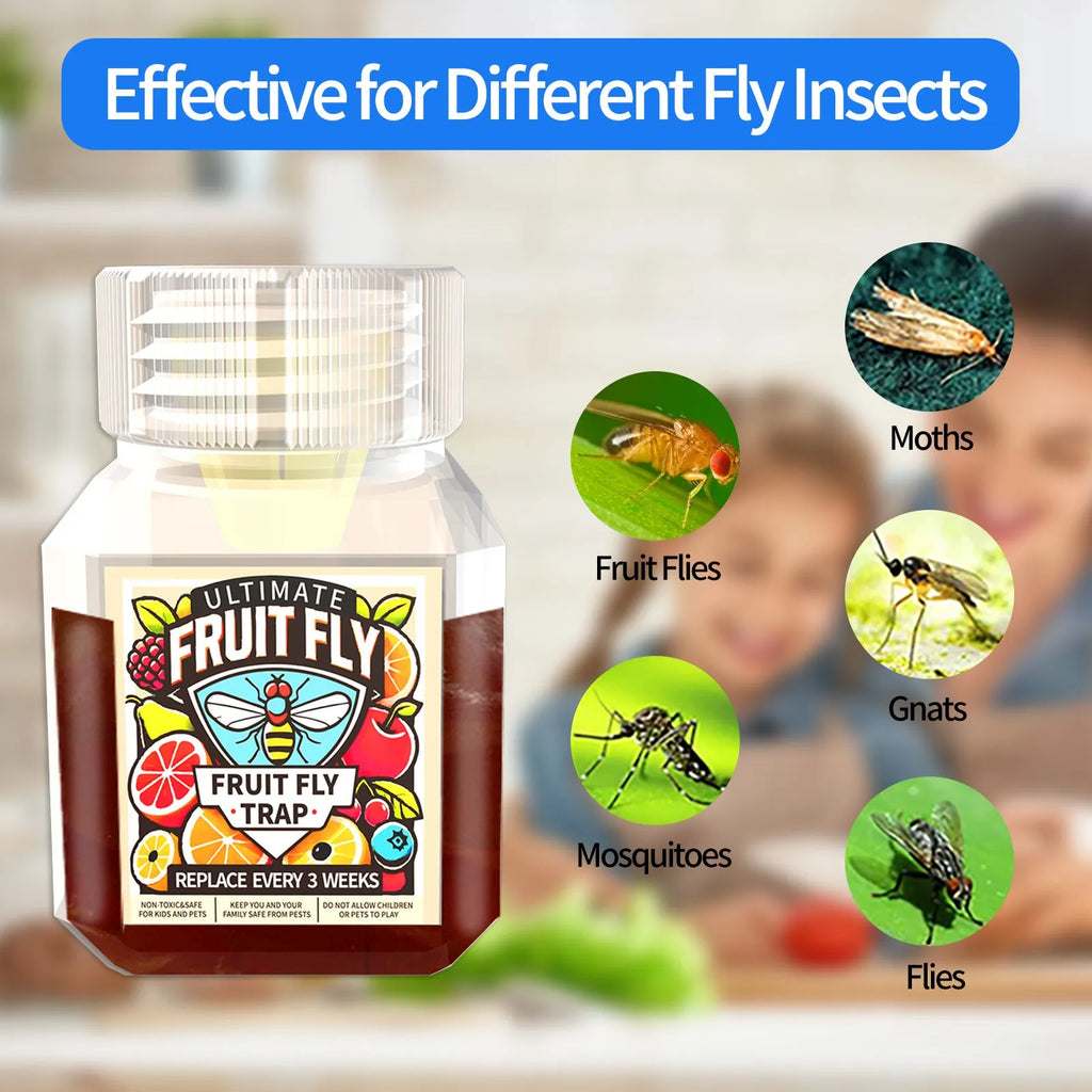 Bottle of SK003 fruit fly trap bait liquid with optional funnel for indoor pest control.