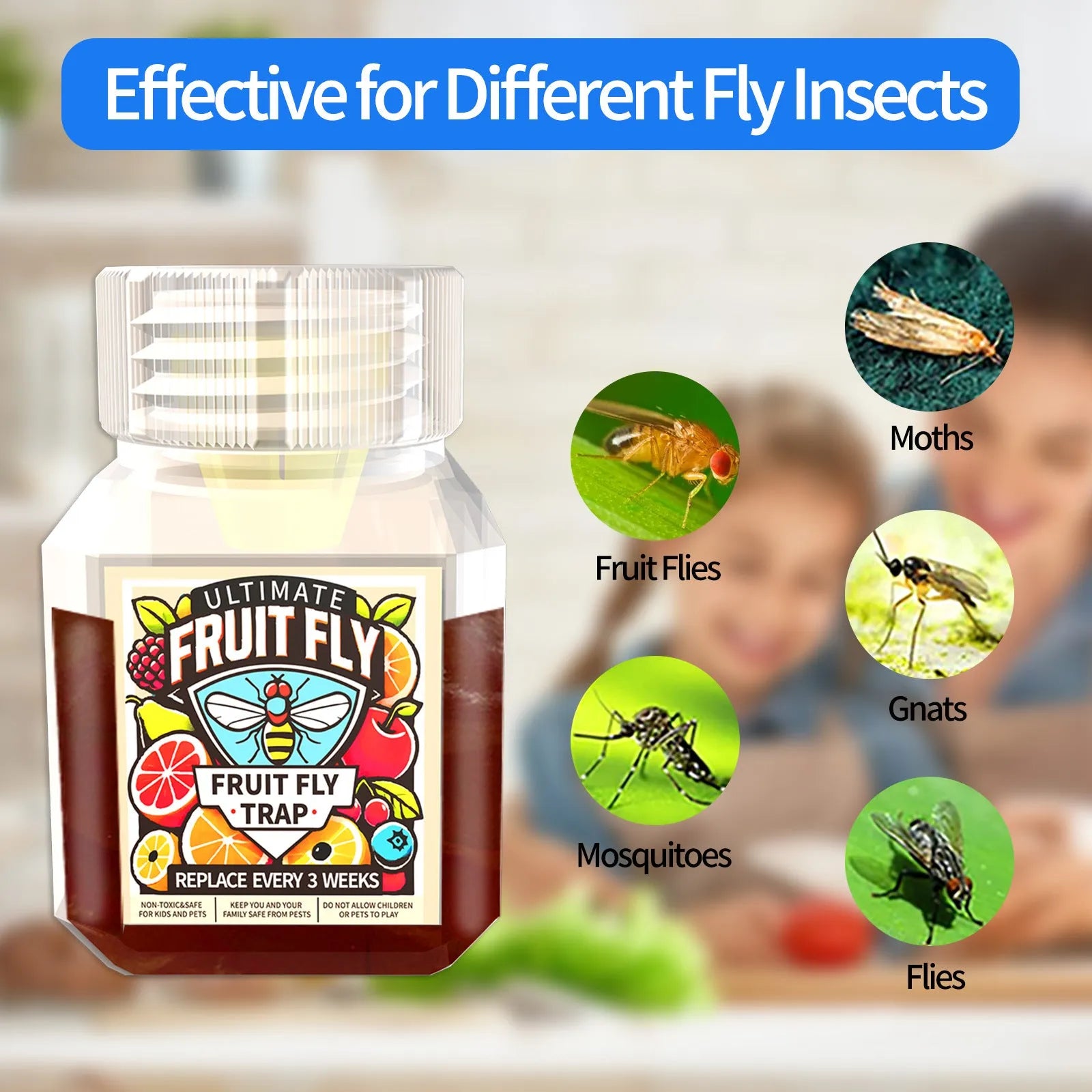 Bottle of SK003 fruit fly trap bait liquid with optional funnel for indoor pest control.