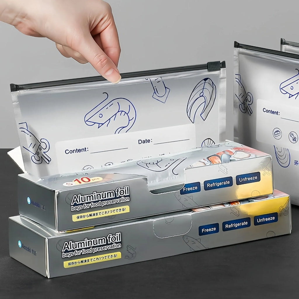 A pack of ten aluminium foil fresh-keeping bags in small, medium, and large sizes, shown in both bag and box styles.