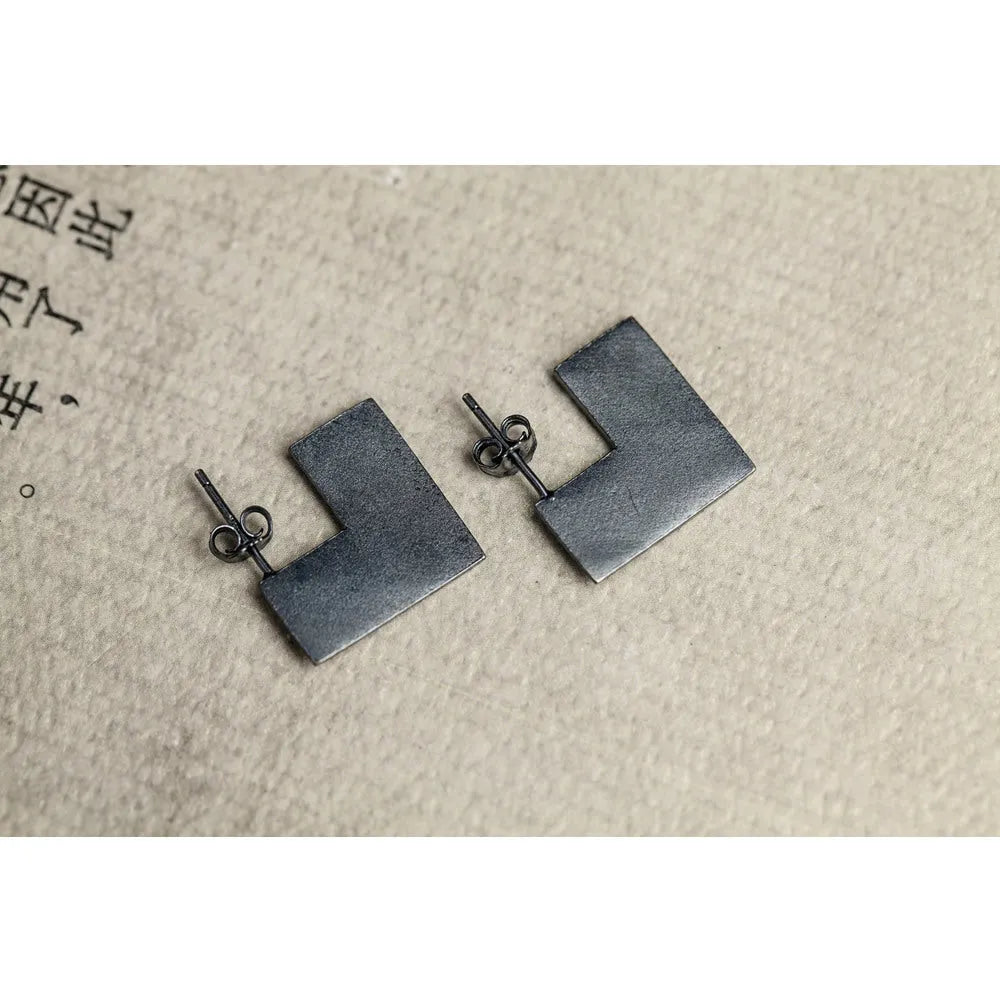Sterling silver square earrings with oxidised black finish, geometric 16mm studs