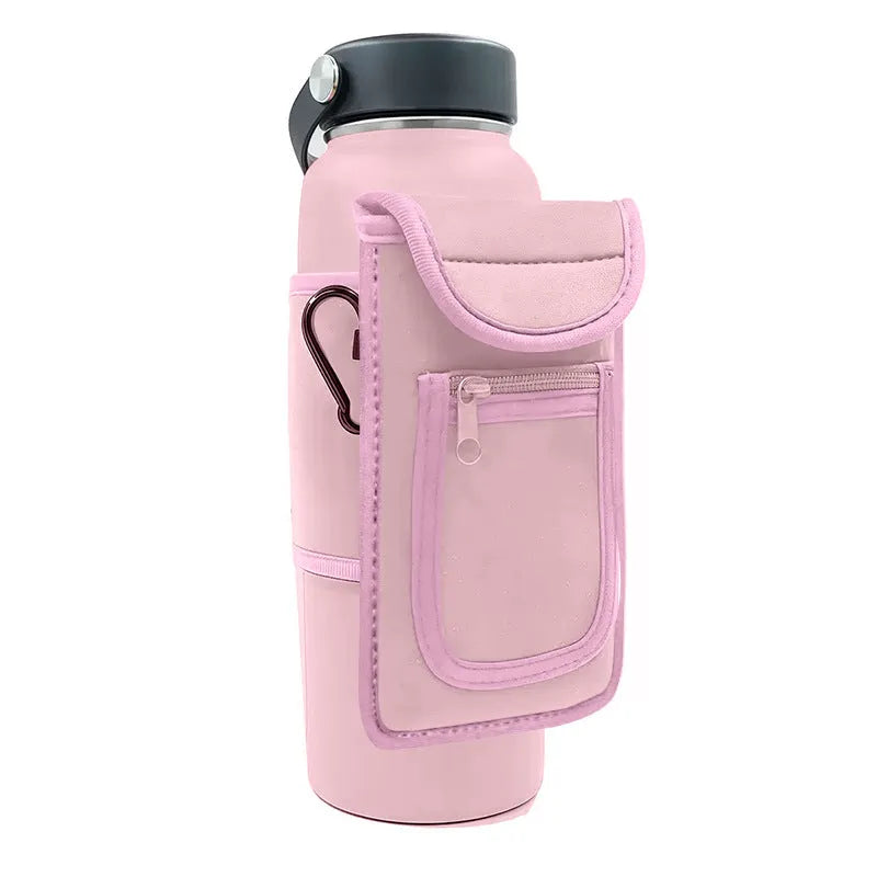 Cloth kettlebell cover sleeve in beige colour with a magnetic carabiner clip closure.
