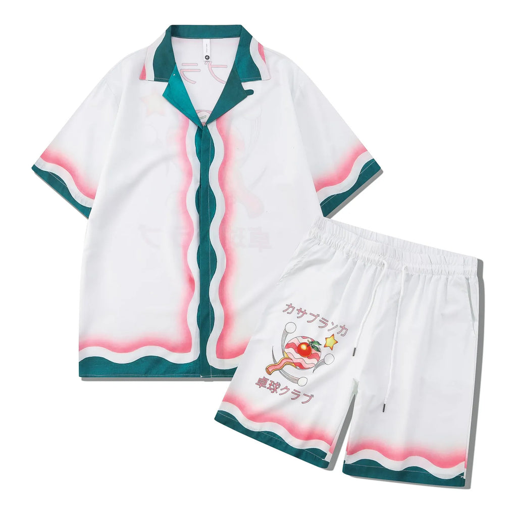 Men's plaid beach outfit with short sleeve shirt and matching trousers on hanger