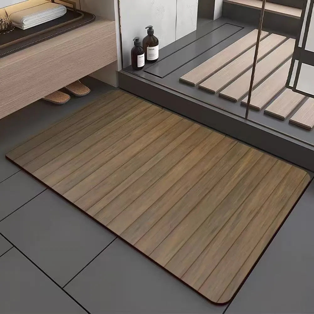 Square American wood grain diatom mud bathroom floor mat with geometric pattern on tile.