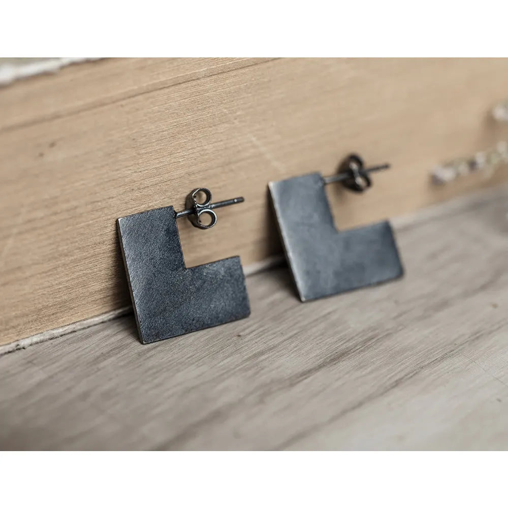 Sterling silver square earrings with oxidised black finish, geometric 16mm studs