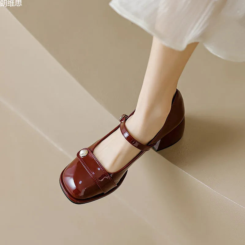 French style women's patent leather ankle boots with chunky block heel and buckle closure