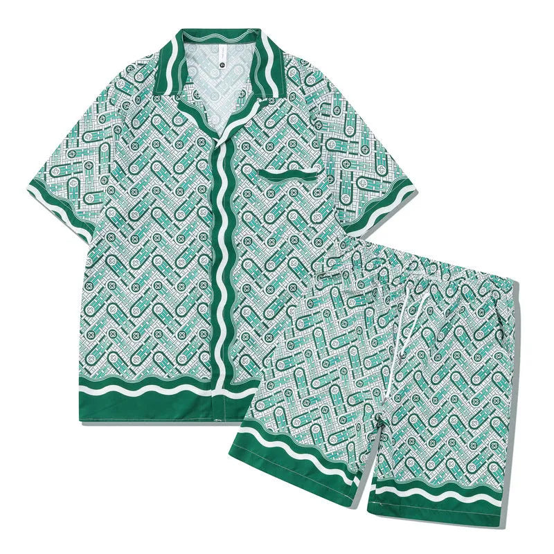 Men's plaid beach outfit with short sleeve shirt and matching trousers on hanger