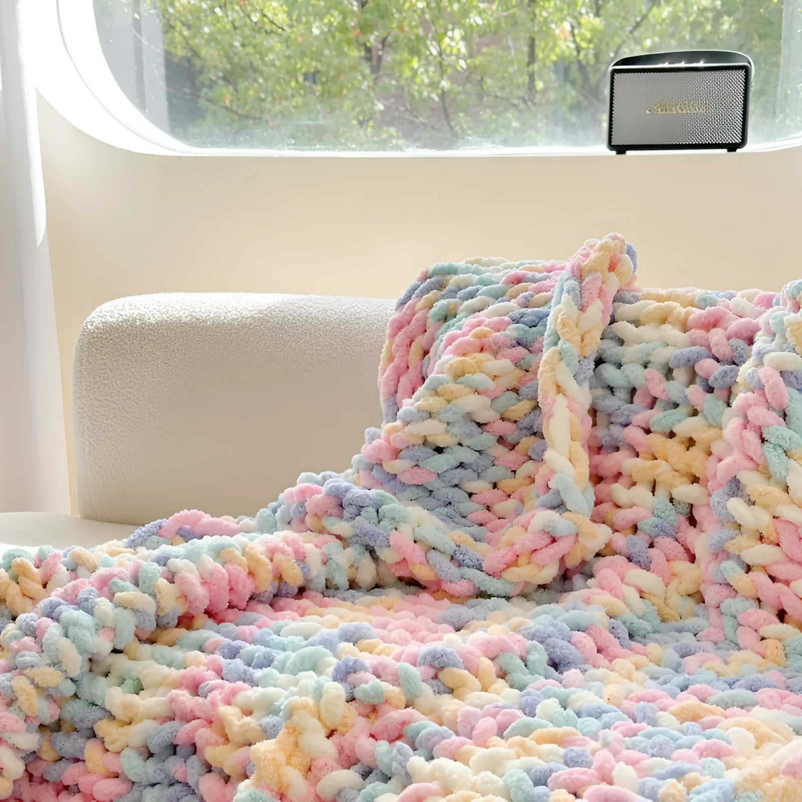 Hand-made chenille cover blanket with striped pattern from thick ice bar section dyeing, 130x170cm