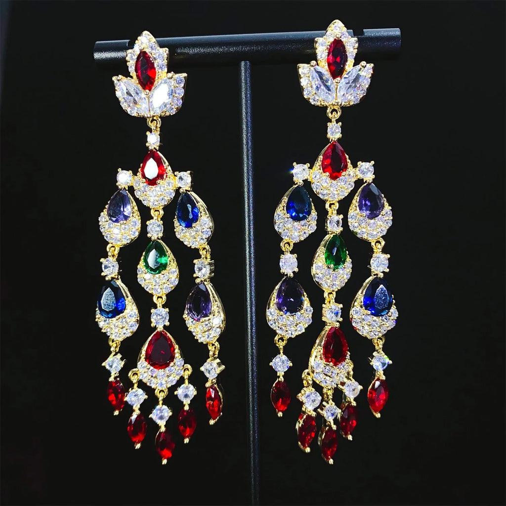 Long water drop tassel earrings for women, alloy with decorative zircon, natural flower and leaf design, available in multiple colours