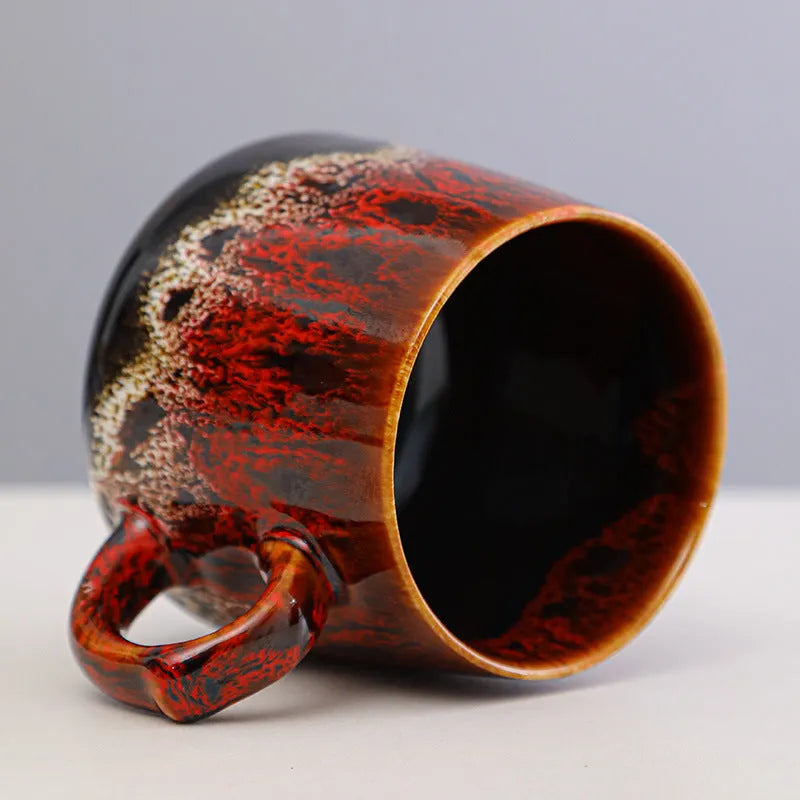 Large ceramic coffee mug in a mild luxury retro style, showing 8.5cm height and 8cm diameter.