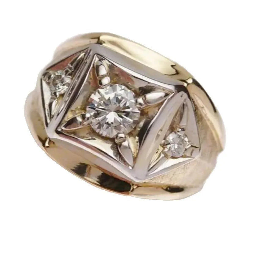 Gold-colour wide face copper couple ring with hollow geometric design and chamfering square pattern.