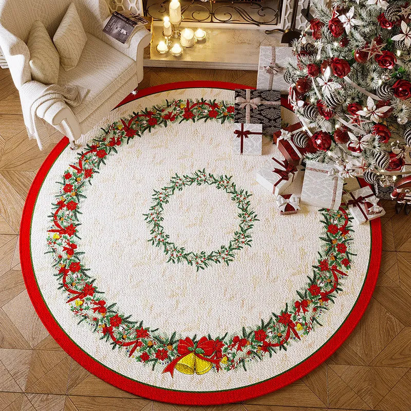 Red round Christmas floor mat with festive patterns on living room floor