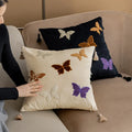 Square beige cushion with black Chinese-style butterfly embroidery, 45x45cm