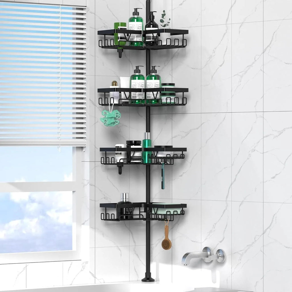 Modern stainless steel bathroom storage rack with four retractable shelves and hole-free design