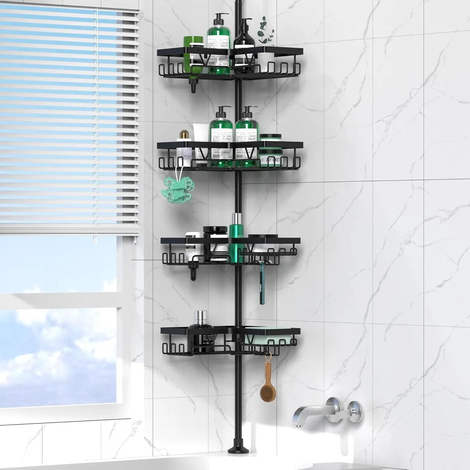 Modern stainless steel bathroom storage rack with four retractable shelves and hole-free design