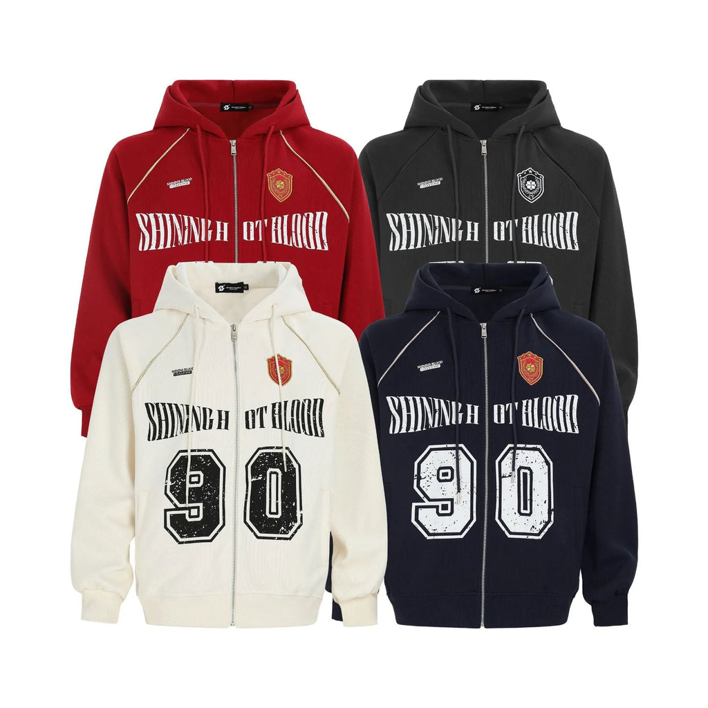 Women's loose American retro style hooded jacket with letter embroidery in a cotton blend fabric.