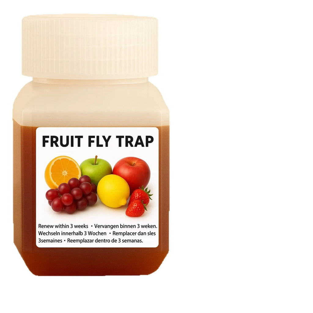 Bottle of SK003 fruit fly trap bait liquid with optional funnel for indoor pest control.