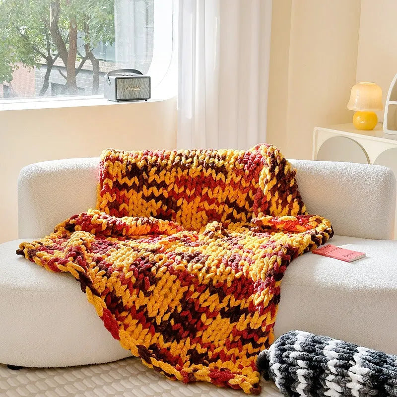 Hand-made chenille cover blanket with striped pattern from thick ice bar section dyeing, 130x170cm