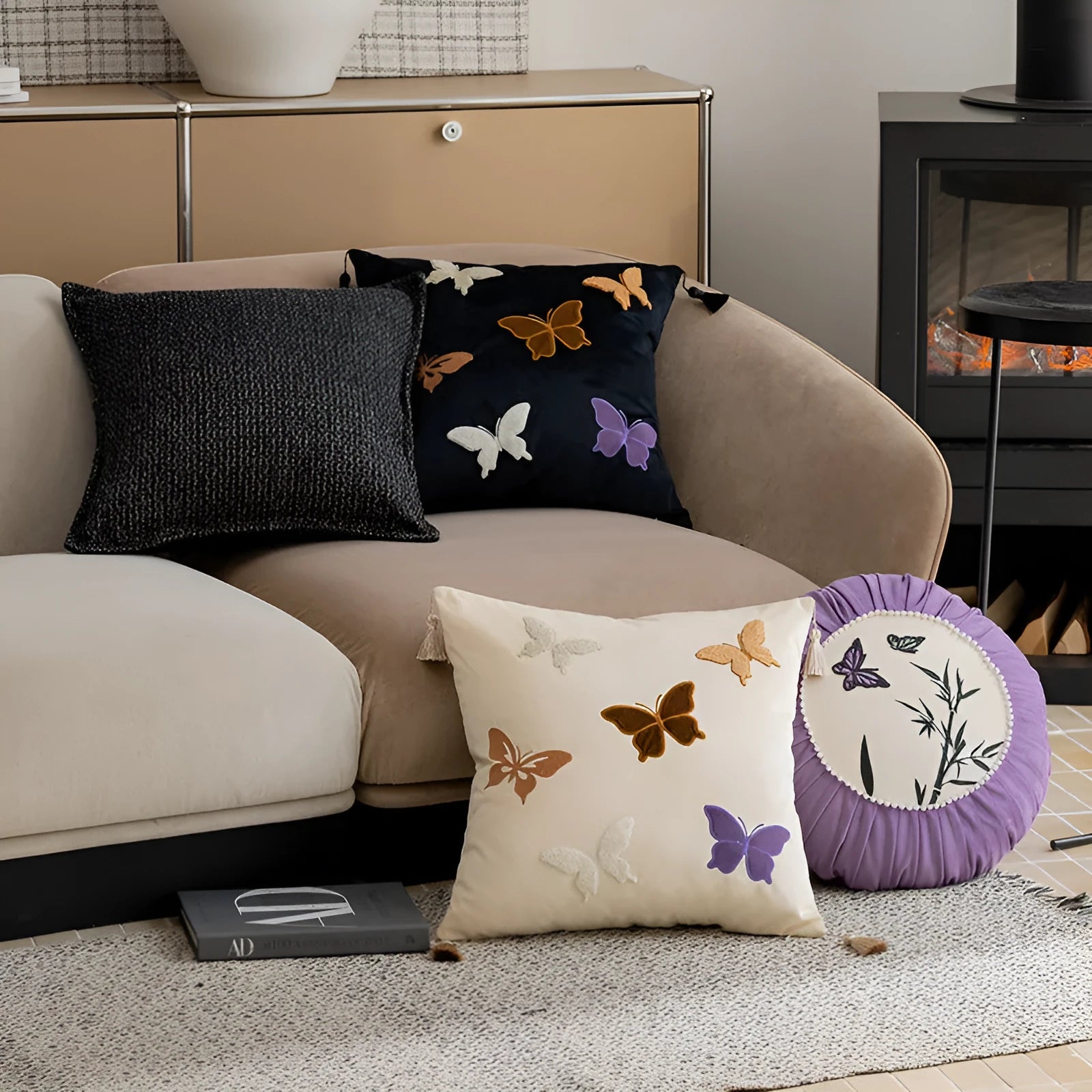Square beige cushion with black Chinese-style butterfly embroidery, 45x45cm