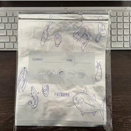 A pack of ten aluminium foil fresh-keeping bags in small, medium, and large sizes, shown in both bag and box styles.