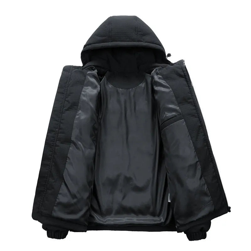 Men's black cotton-padded hooded coat with letter print design and side pockets in Korean style cardigan fit