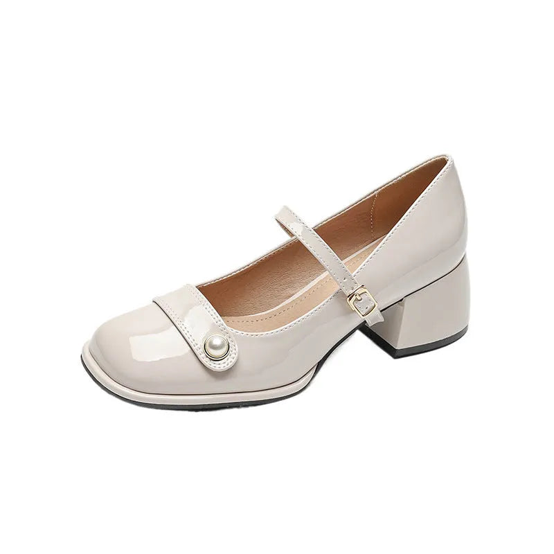 French style women's patent leather ankle boots with chunky block heel and buckle closure