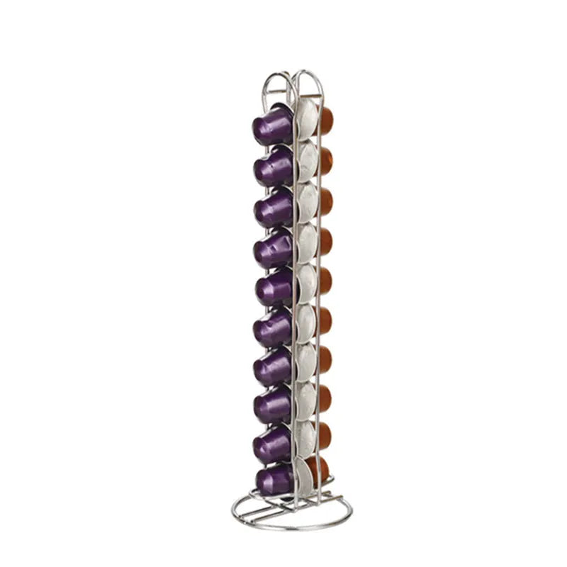 Iron coffee capsule storage rack holding pods on tiered shelves with compact dimensions