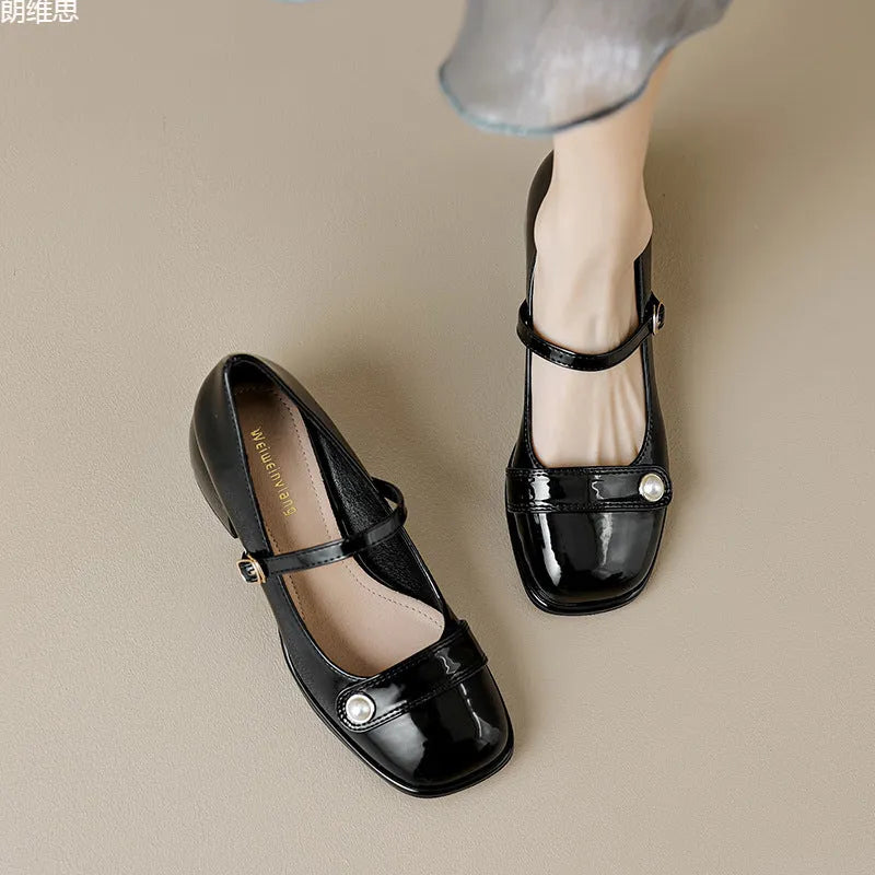 French style women's patent leather ankle boots with chunky block heel and buckle closure