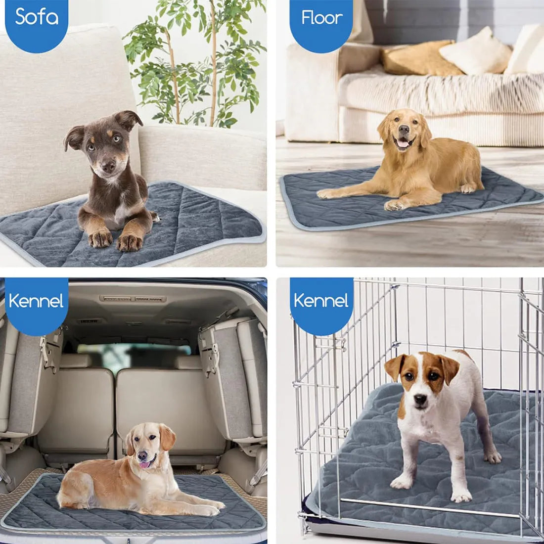 Grey cloth personalised pet cushion shown in multiple size options for dogs and cats