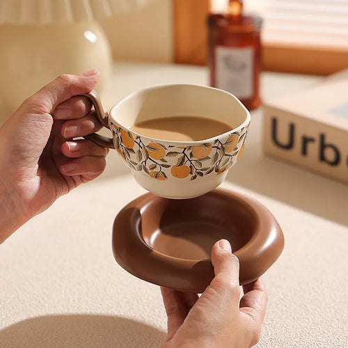 Antique style ceramic coffee cup and saucer set in black or orange colour with 210ml capacity