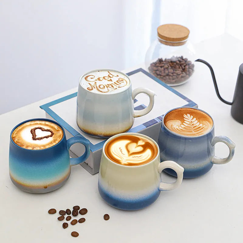 Large ceramic coffee mug in a mild luxury retro style, showing 8.5cm height and 8cm diameter.
