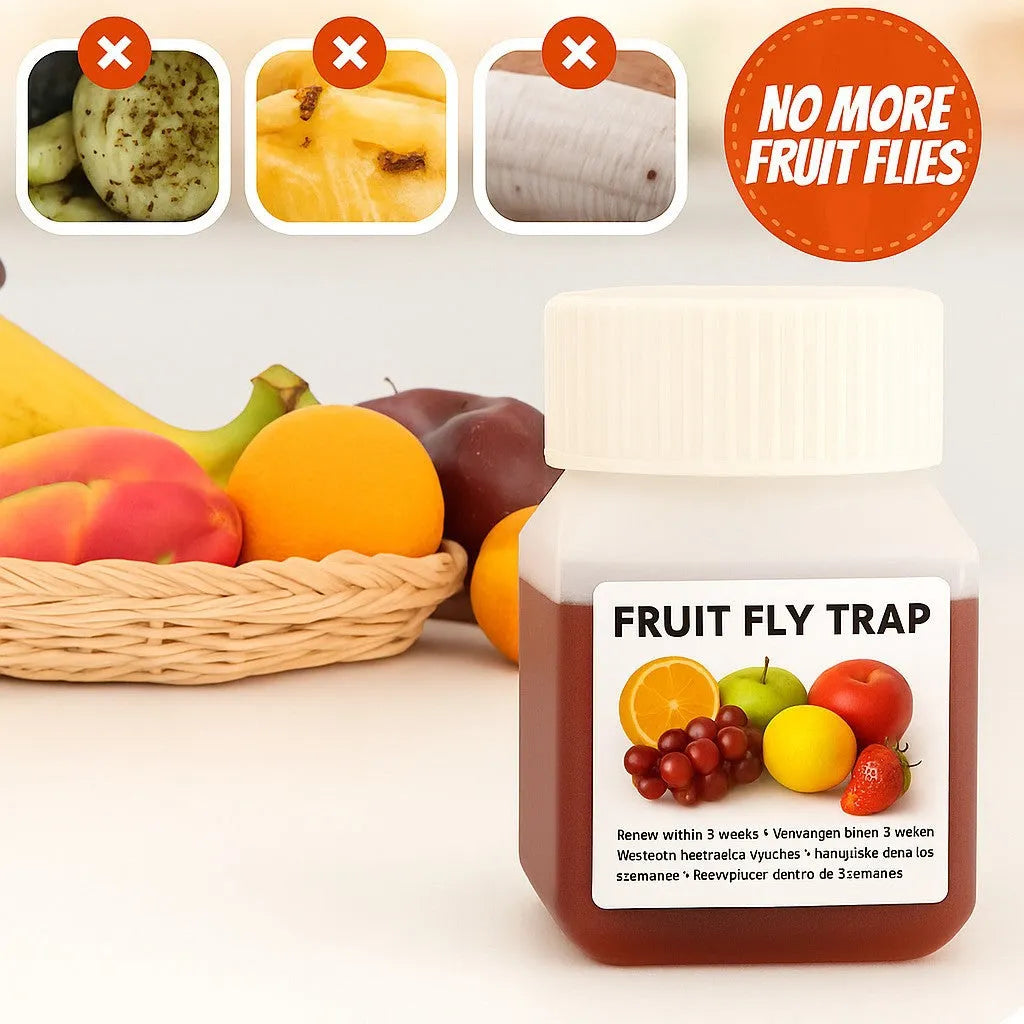 Bottle of SK003 fruit fly trap bait liquid with optional funnel for indoor pest control.