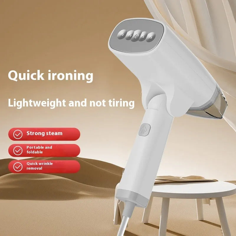 Blue and white handheld garment steamer with steam iron function, showing compact size and water tank