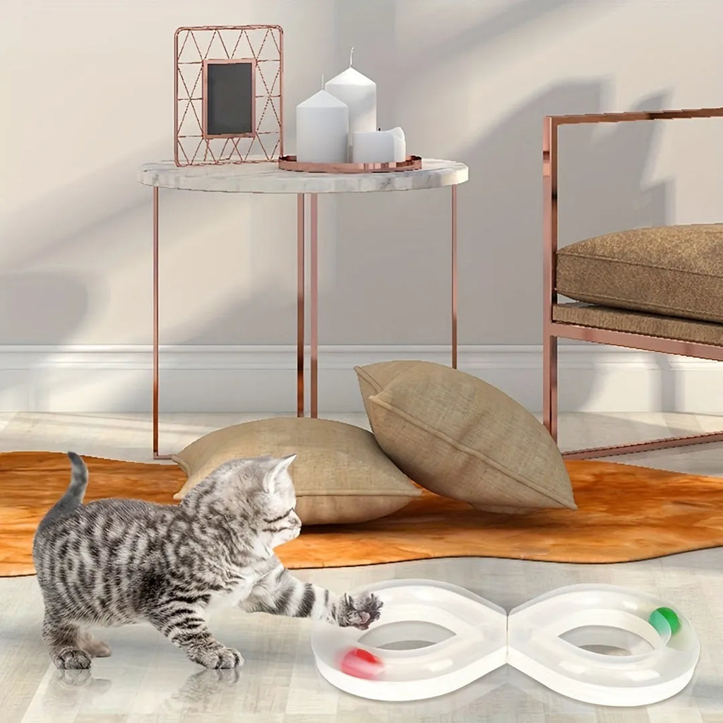 Blue and white interactive cat toy set with turntable track, ball, and teasing stick on floor