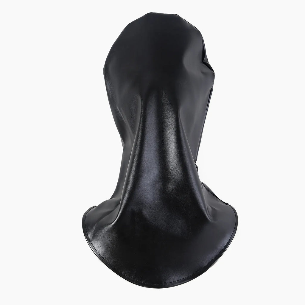 Black leather BDSM mask with adjustable headgear straps for adult training