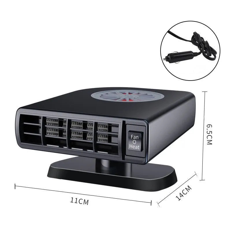 Black compact vehicle-mounted heater for car windscreen defrosting, shown with 12V plug.