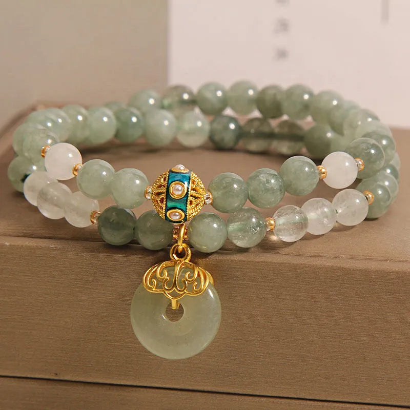 Double-layer aventurine jade bracelet with peace buckle clasp and crystal rhinestones